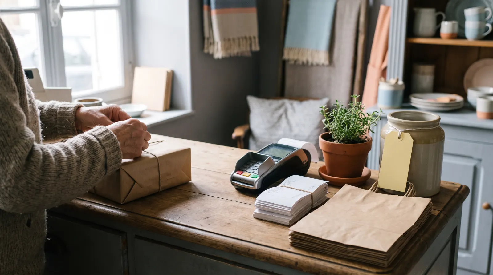 Comptoir d’une petite boutique avec terminal de paiement, reçus et un colis en cours d’emballage