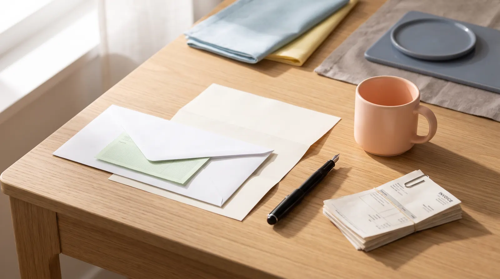 Enveloppe de lettre recommandée, courrier plié, stylo plume et factures sur un bureau en bois clair