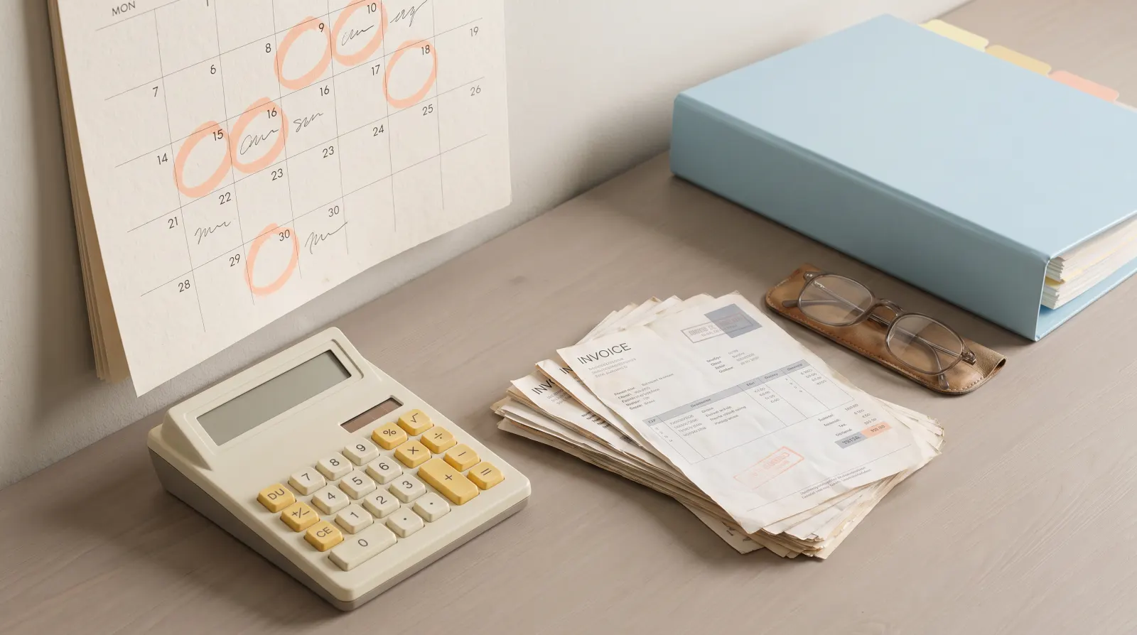 Calculatrice, calendrier aux dates entourées et pile de factures impayées sur un bureau