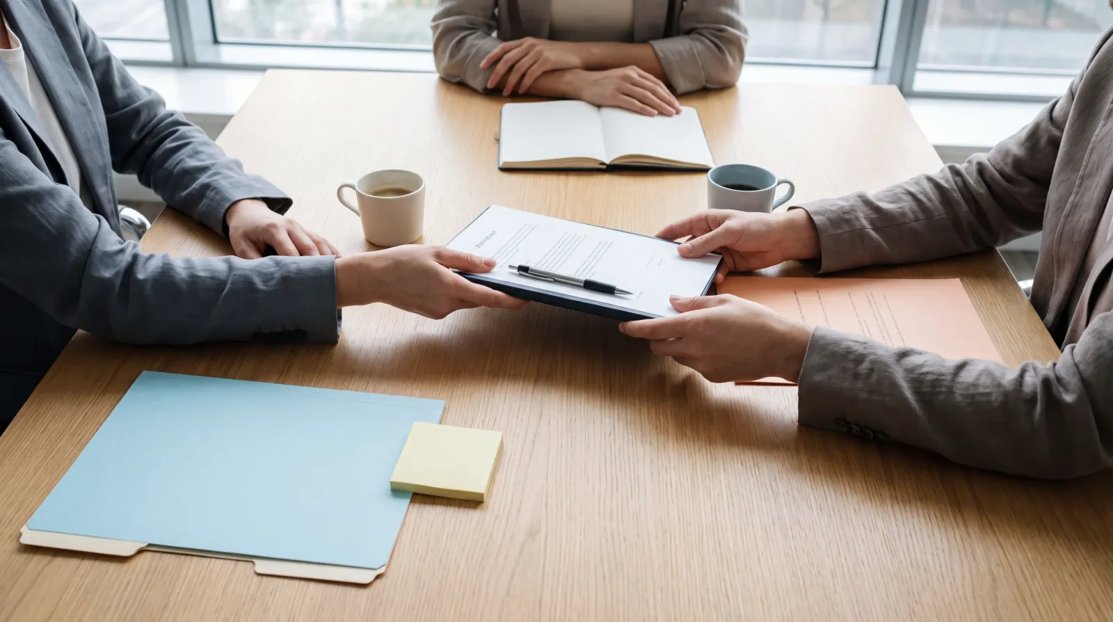 Deux professionnels échangent un contrat signé autour d’une table de médiation, un tiers prend des notes