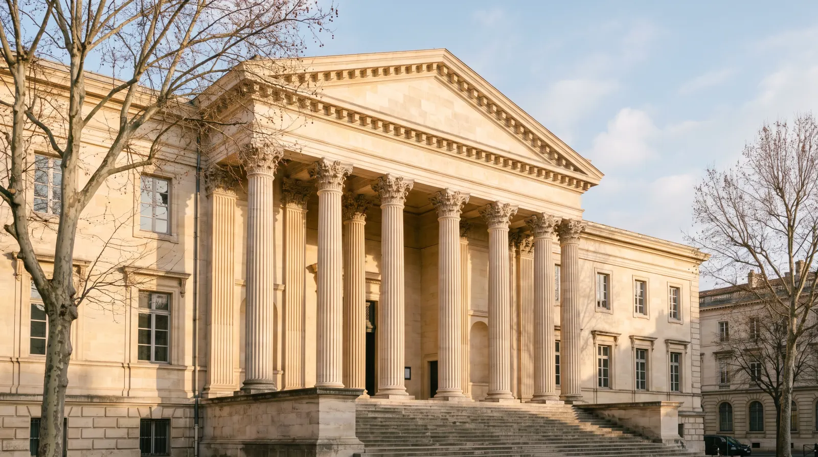 Façade néoclassique d’un palais de justice à colonnes sous un ciel bleu pâle